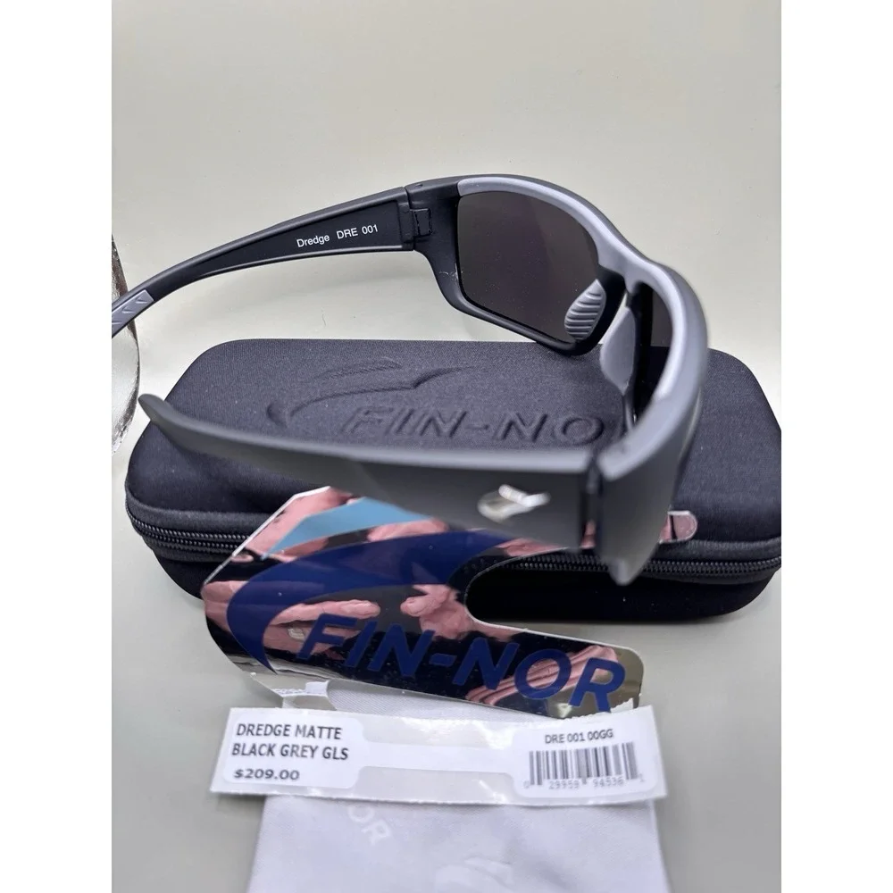 AUTHENTIC Fin-Nor Dredge Sunglasses Matte Black Frame‎ / Grey Glass Lens NWT NIB